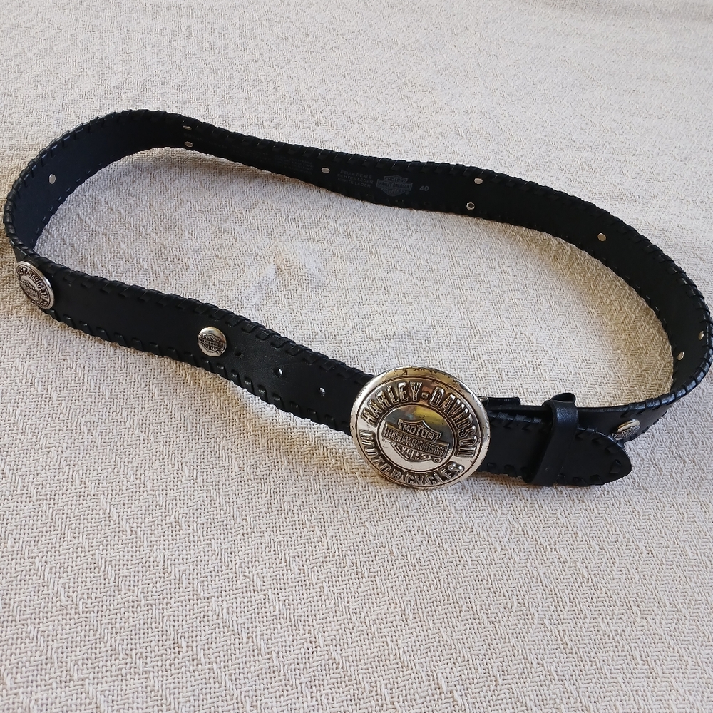 Harley-Davidson Black Leather Belt with Silver Medallion Accents